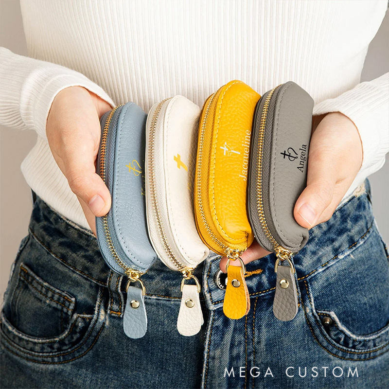 Personalized Cross Multicolor Mini PU Leather Coin Purse Rosary Bag with Name Birthday Religious Baptism Gift for Christians Catholic