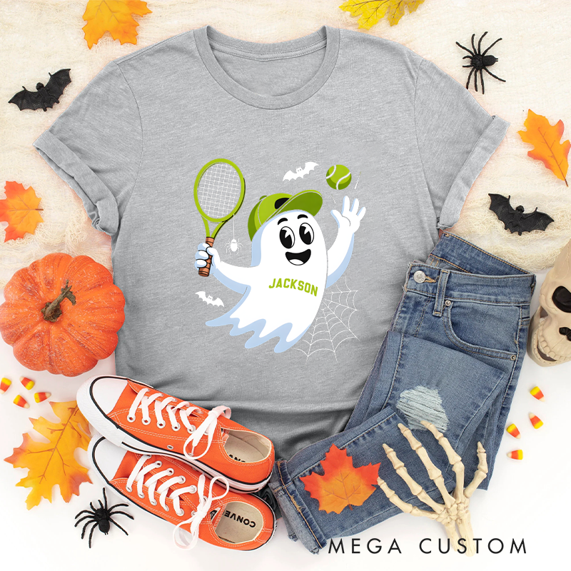 Personalized Halloween Tennis T-Shirt with Cute Ghost and Custom Name Design