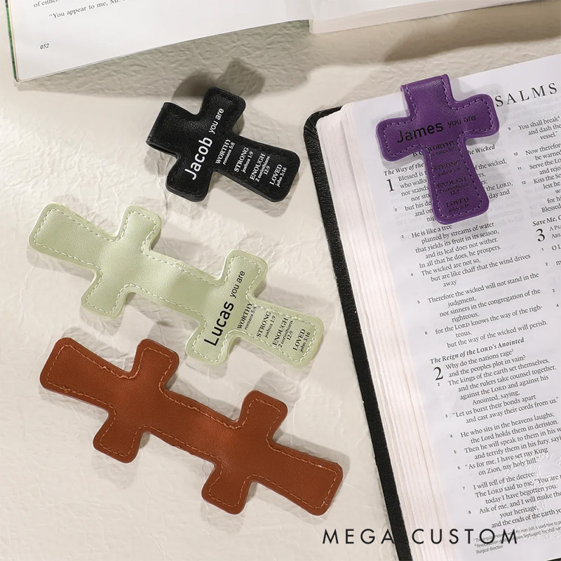 Personalized Inspirational Bible Verses Cross PU Leather Magnetic Bookmark Clip First Communion Baptism Back to School Gift for Christians Bookworms