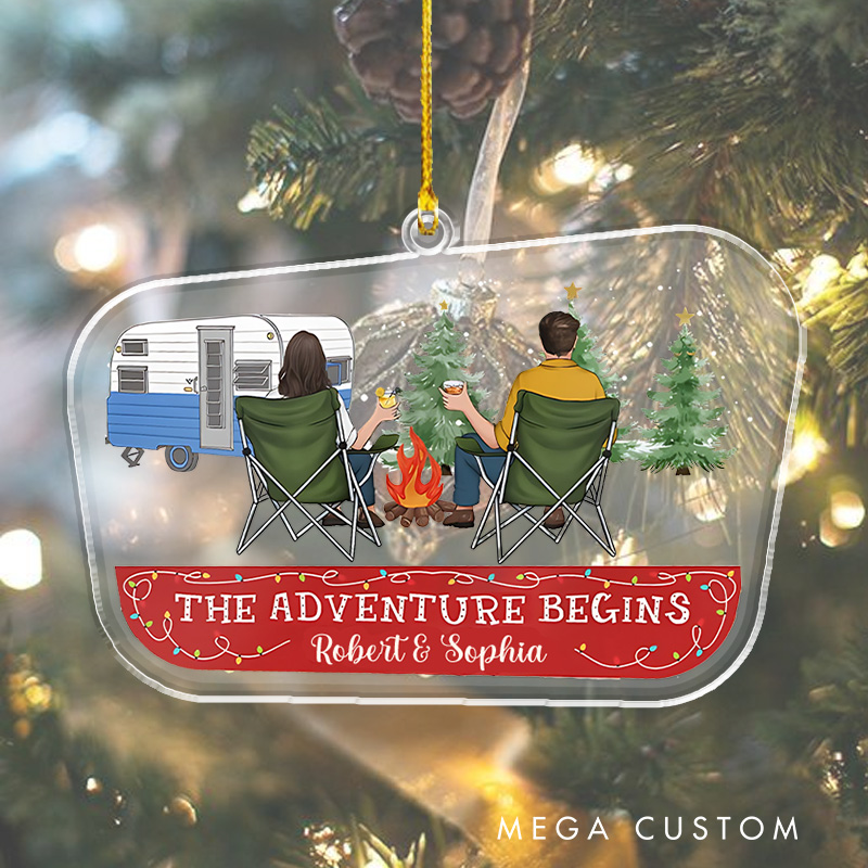 Personalized Camping Couple the Adventure Begins Christmas Ornament Outdoor Lover Christmas Decor Gift Hiking Lovers