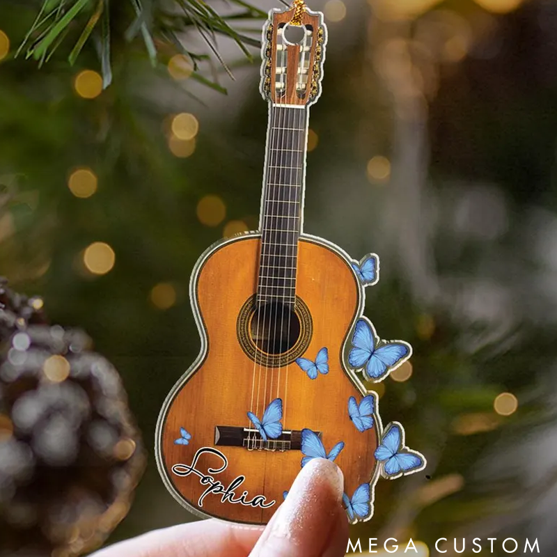 Personalized Acoustic Guitar Ornament Custom Guitar Butterfly Ornament Christmas Gift for Guitarist Guitar Player Gift