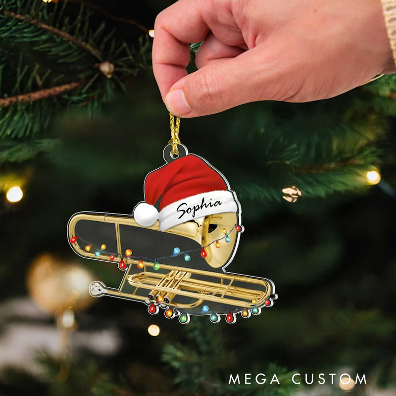 Personalized Trombone Christmas Ornament with Santa Hat Acrylic Music Ornament Musician Holiday Gift