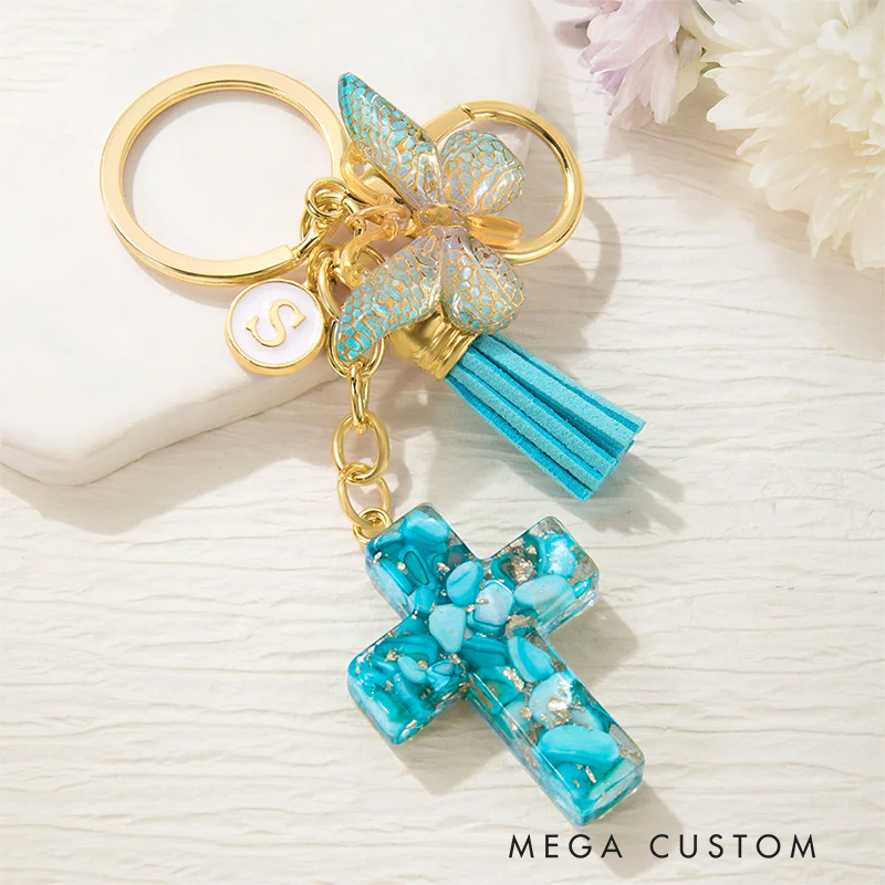 Personalized Gradient Butterfly Cross Charm Keychain with Initial and Tassel Prayer Religious Birthday Gift for Women Christian