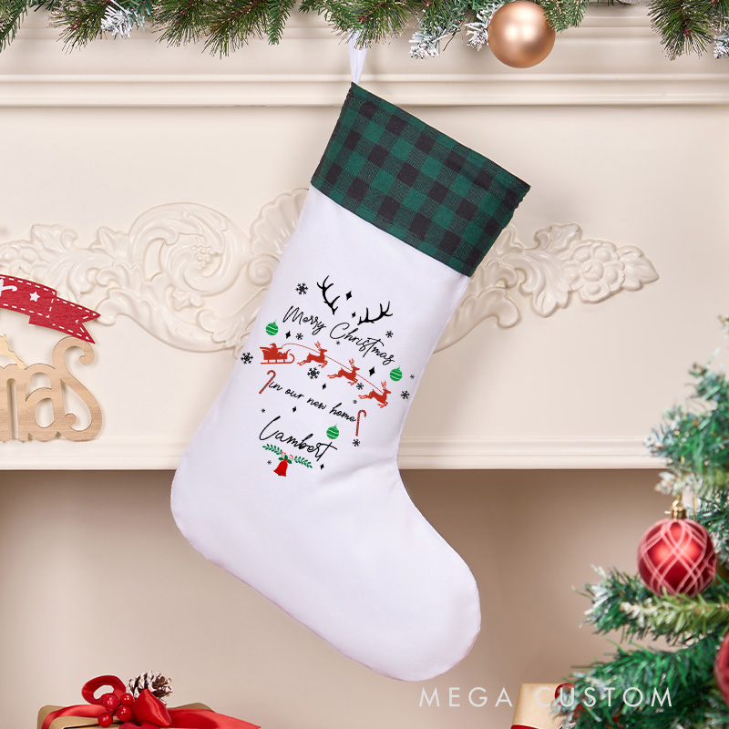 Personalized Merry Christmas Stocking Custom Holiday Stocking with Name Reindeer and Sleigh Design Festive Decoration Christmas Keepsake Gift