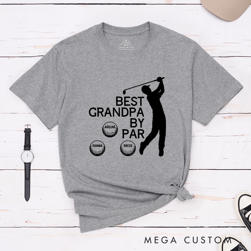 Personalized "Best Grandpa or Papa by Par" T-Shirt with Custom Grandkid Names, Perfect Gift for Golf-Loving Grandpas and Papas