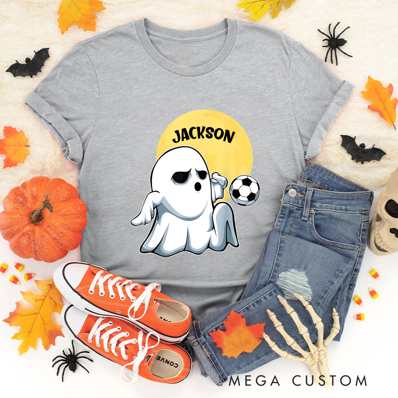 Personalized Halloween Soccer T-Shirt with Cute Ghost and Custom Name Design