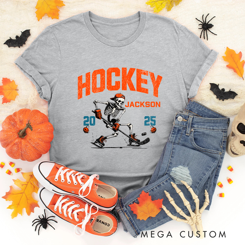 Personalized Halloween Hockey T-Shirt with Skeleton, Custom Name, and Year Design