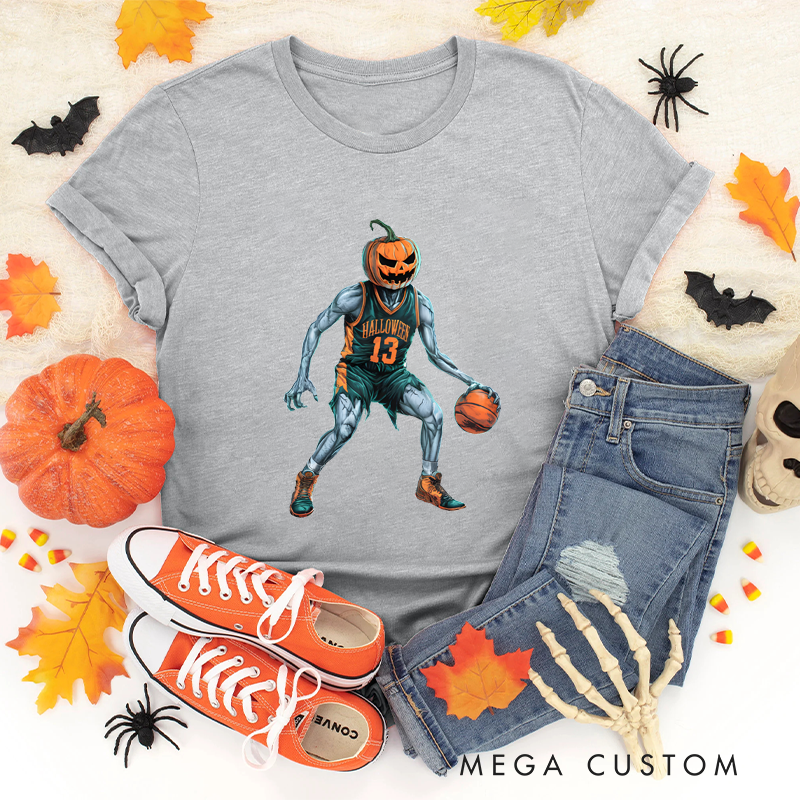 Personalized Halloween Basketball T-Shirt with Pumpkin-Head Player and Customizable Number Design