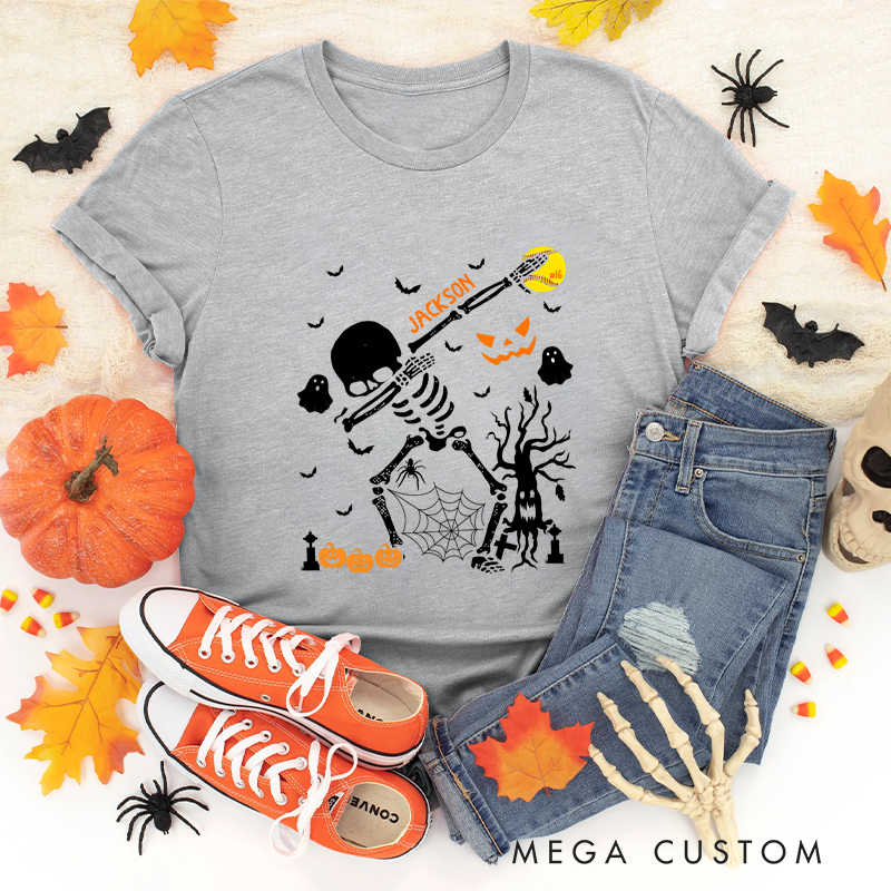 Personalized Halloween Softball T-Shirt with Skeleton, Bat, Custom Name, and Number Design