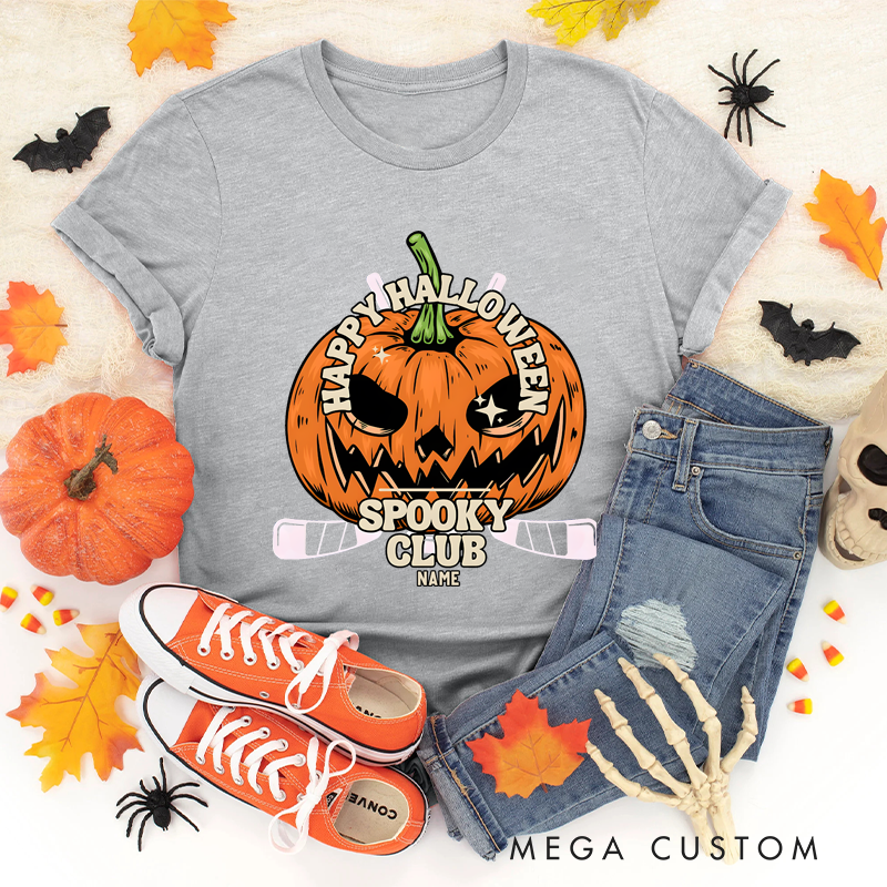 Personalized Halloween Hockey T-Shirt with Pumpkin Face and Custom Club Name Design