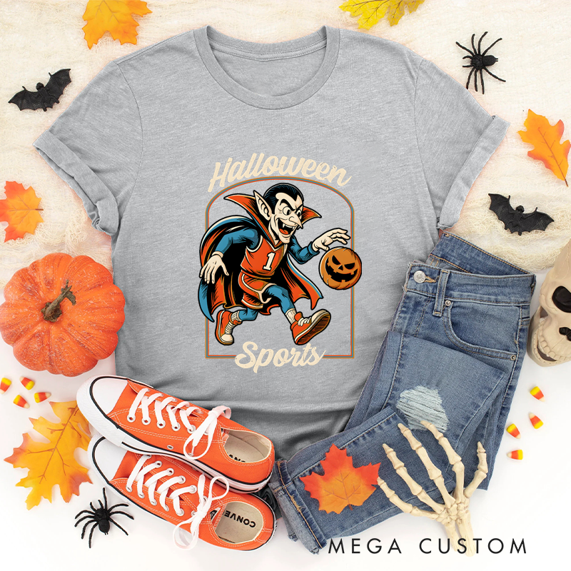 Personalized Halloween Basketball T-Shirt with Vampire, Pumpkin Ball, and Custom Number Design