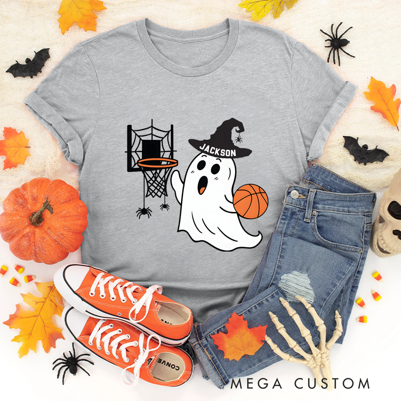Personalized Halloween Basketball T-Shirt with Ghost, Hoop, and Custom Name Design