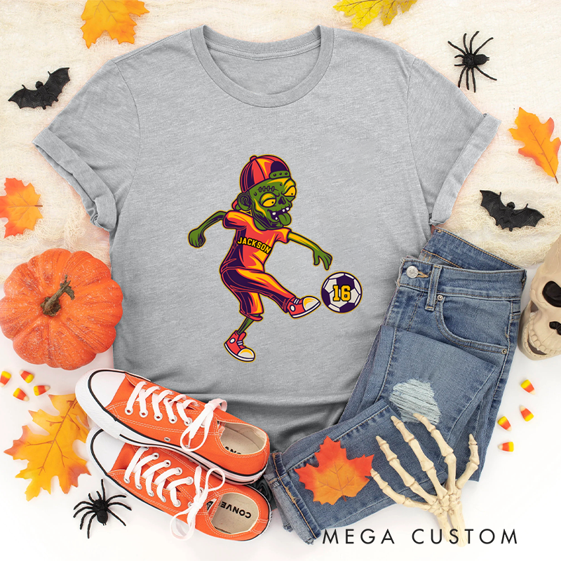 Personalized Halloween Soccer T-Shirt with Zombie Player, Custom Name, and Number Design