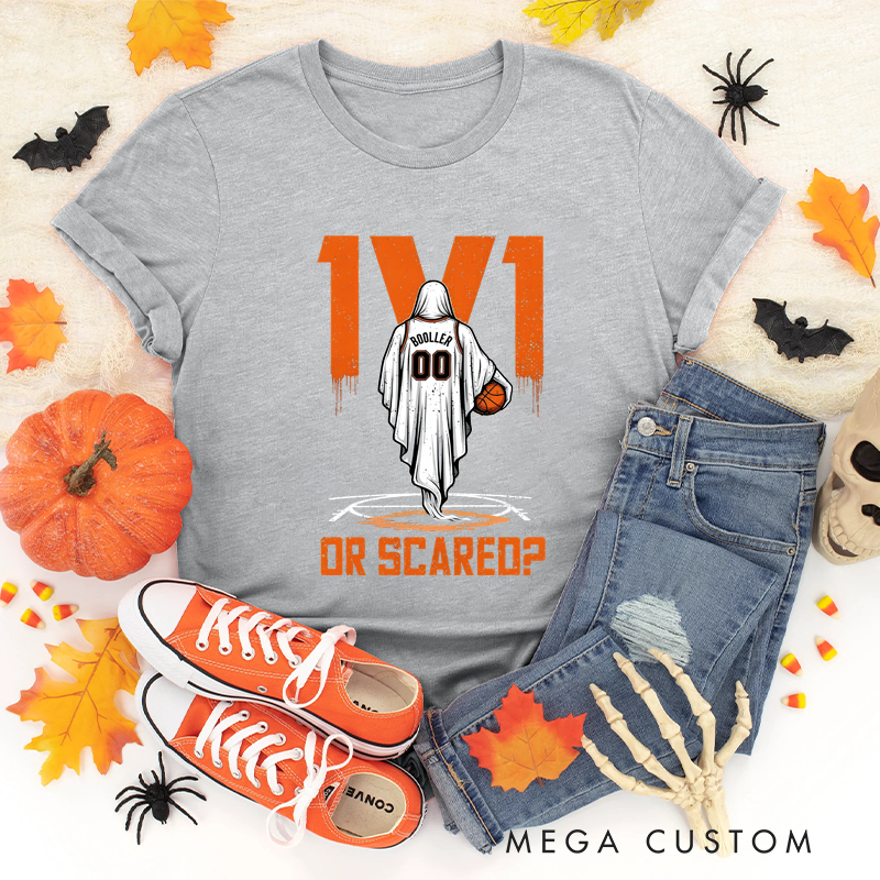 Personalized Halloween Basketball T-Shirt with Ghost Player, Custom Name, and Number Design