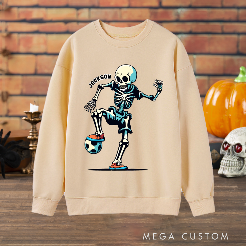 Personalized Halloween Soccer Sweatshirt with Skeleton Player and Custom Name Design