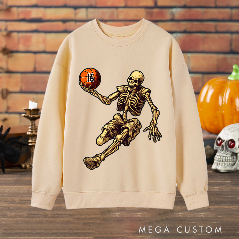 Personalized Halloween Basketball Sweatshirt with Skeleton Player and Custom Number Design
