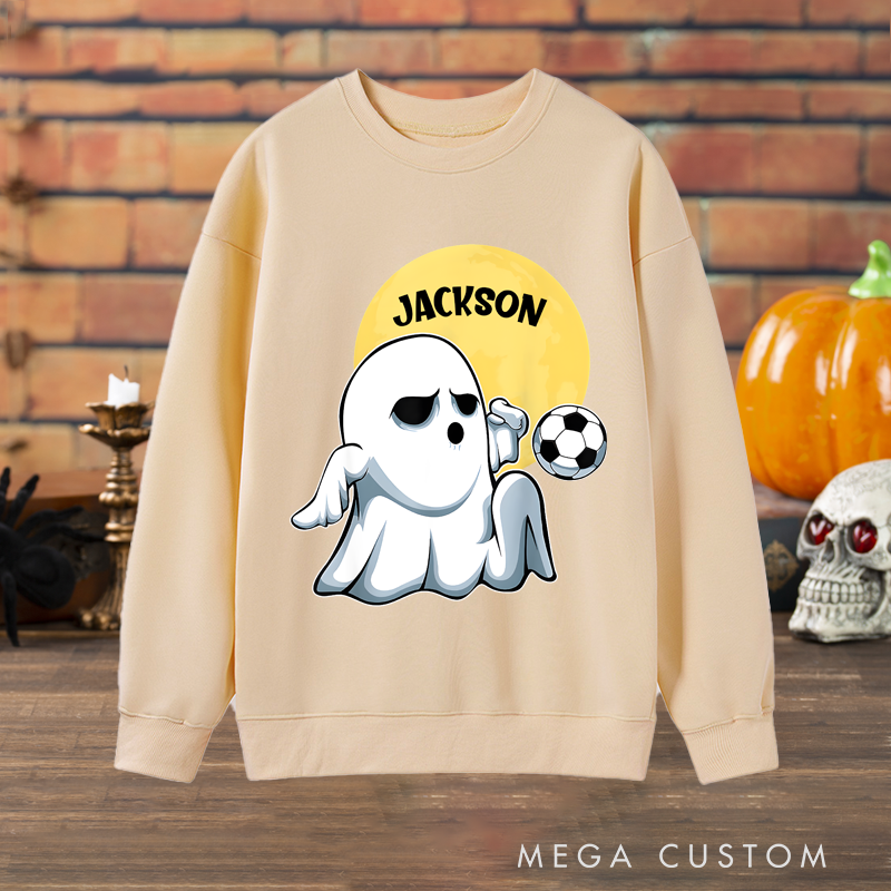 Personalized Halloween Soccer Sweatshirt with Ghost Player and Custom Name Design