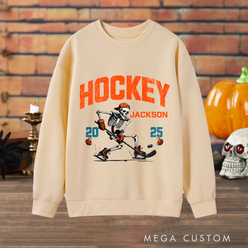 Personalized Halloween Hockey Sweatshirt with Skeleton Player, Custom Name, and Year Design