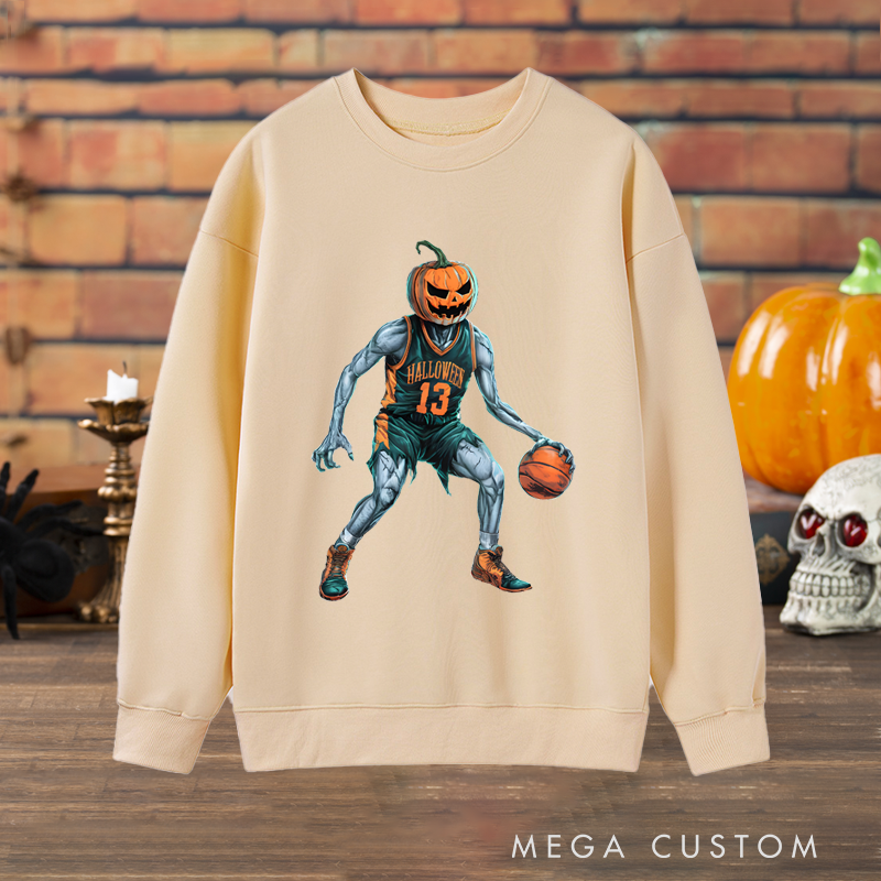 Personalized Halloween Basketball Sweatshirt with Pumpkin Head Player and Custom Number Design