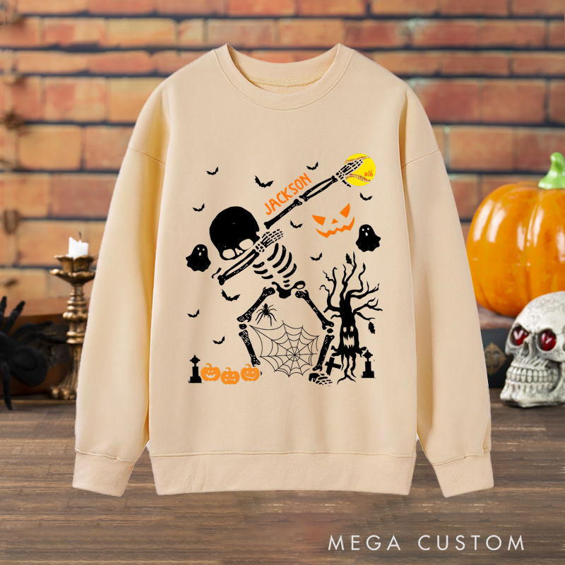 Personalized Halloween Lacrosse Sweatshirt with Skeleton Player, Custom Name, and Number Design