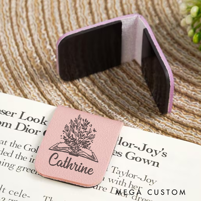 Personalized Book and Flower Magnetic Bookmark Engraved Leather Bookmark Clip with Name Bookish Bookmark Gift Librarian Gift Reading Gift Book Lover Gift 