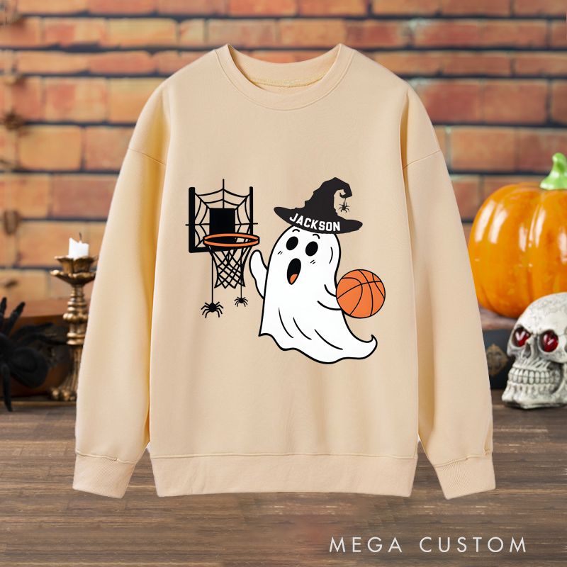 Personalized Halloween Ghost Basketball Sweatshirt with Custom Name and Spooky Hoop Design