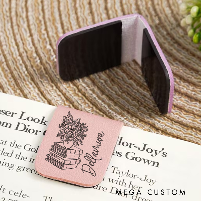 Personalized Book and Vase Flower Magnetic Bookmark Leather Bookmark Clip with Name Librarian Bookmark Book Lover Gift for Reader 
