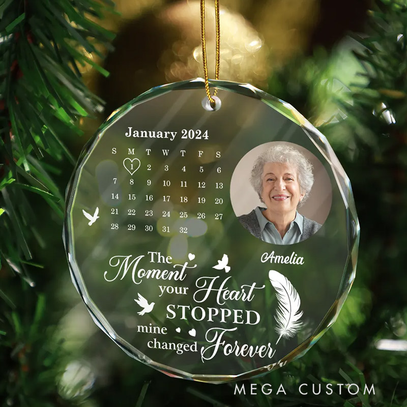 Personalized Memorial Photo Ornament The Moment Your Heart Stopped Memorial Calendar Ornament Circle Glass Ornament  Sympathy Gift