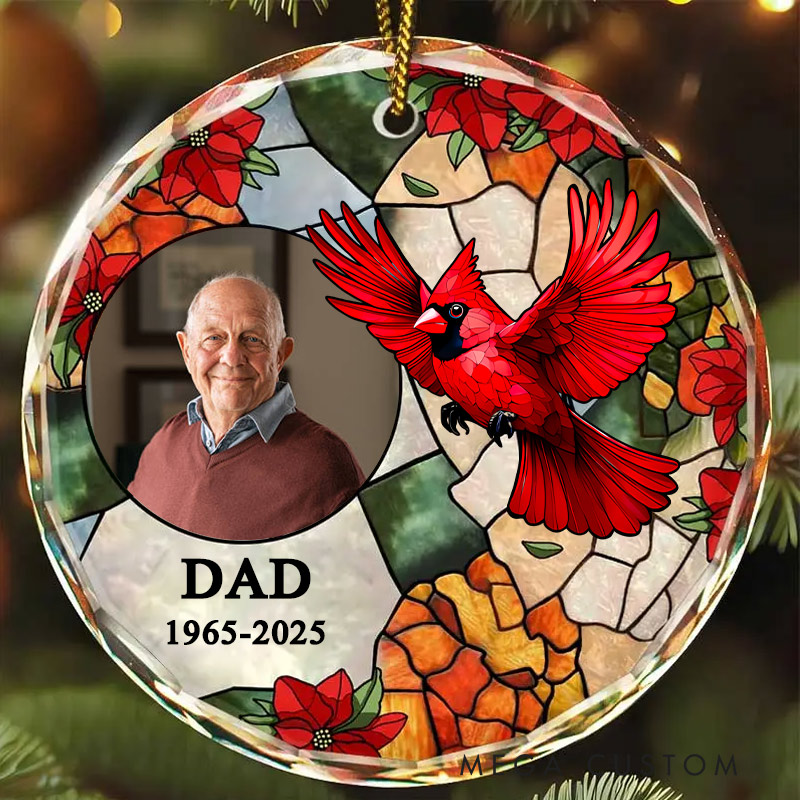 Personalized Memorial Photo Ornament Cardinal Loss of Dad Ornament Circle Glass Ornament Sympathy Gift