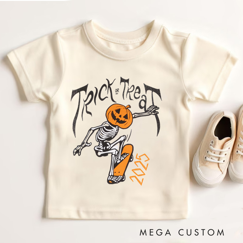 Personalized Trick or Treat Skeleton Pumpkin Halloween Kids T-Shirt