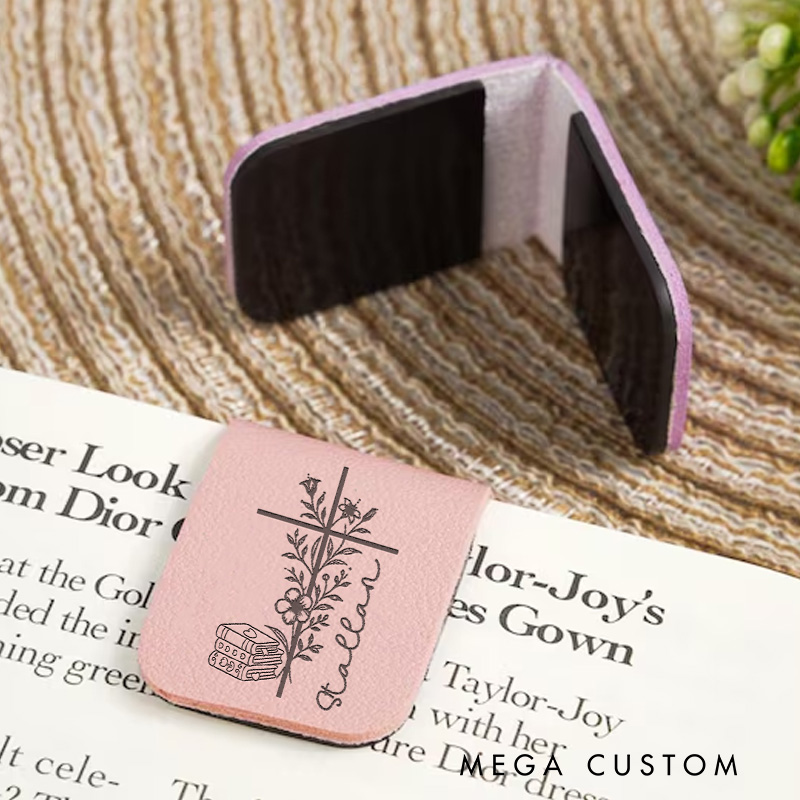 Personalized Book and Flower Cross Magnetic Bookmark Engraved Leather Bookmark Clip with Name Book Lover Gift for Librarian Gift