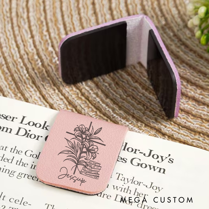 Personalized Book and Flower Cross Magnetic Bookmark  with Name Engraved Leather Bookmark Clip Book Lover Gift for Librarian Gift