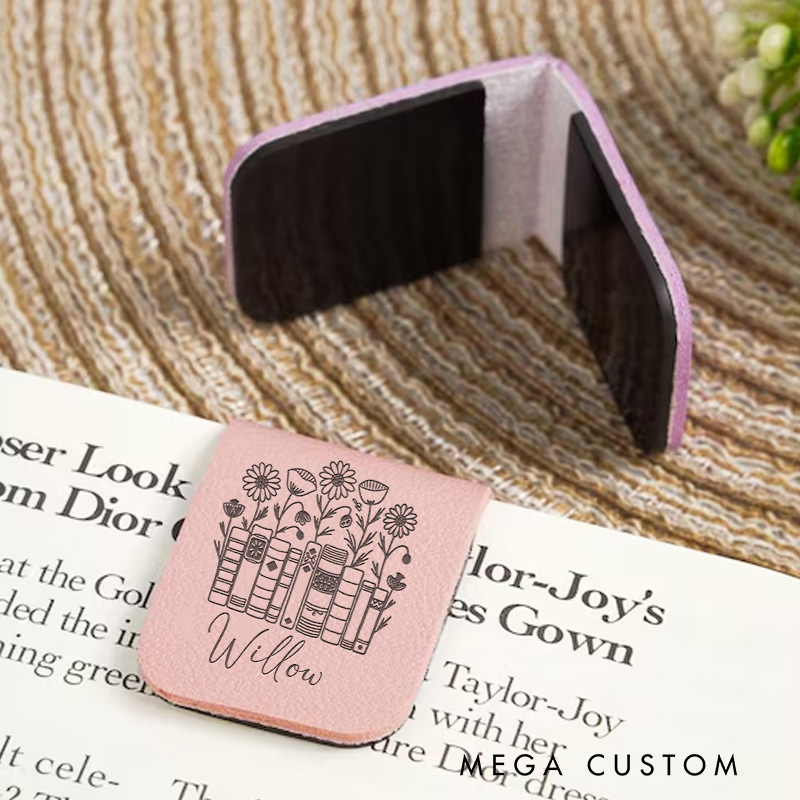 Personalized Flower and Book Magnetic Bookmark Engraved Leather Bookmark Clip with Name Women Bookmark Book Lover Gift for Reading Gift