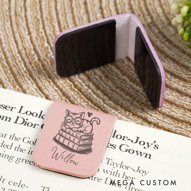 Personalized Book and Cute Cat Magnetic Bookmark Engraved Leather Bookmark Clip with Name Women Bookmark Book Lover Gift for Librarian Gift