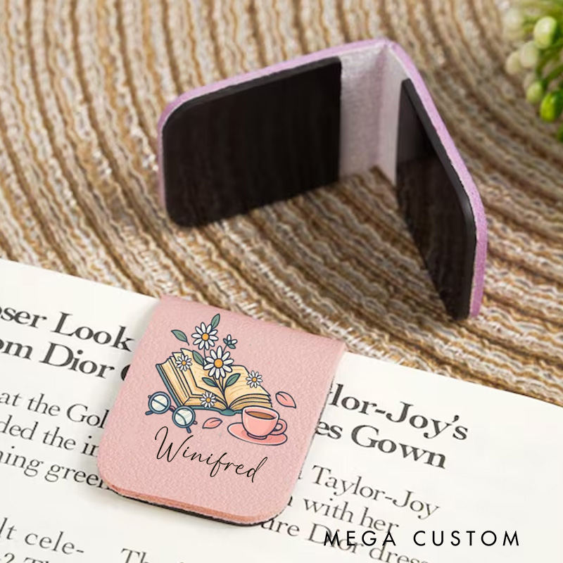 Personalized Book Flower and Coffee Magnetic Bookmark Engraved Leather Name Bookmark Clip Women Bookmark Book Lover Gift for Reading Gift