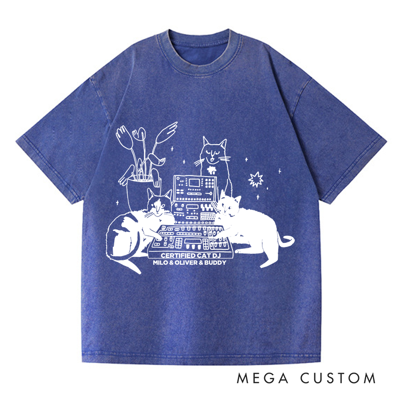 Personalized  Washed T-Shirts with Cat Sitting on Synthesizer and DJ Cat Illustration and Available in Multiple Colors