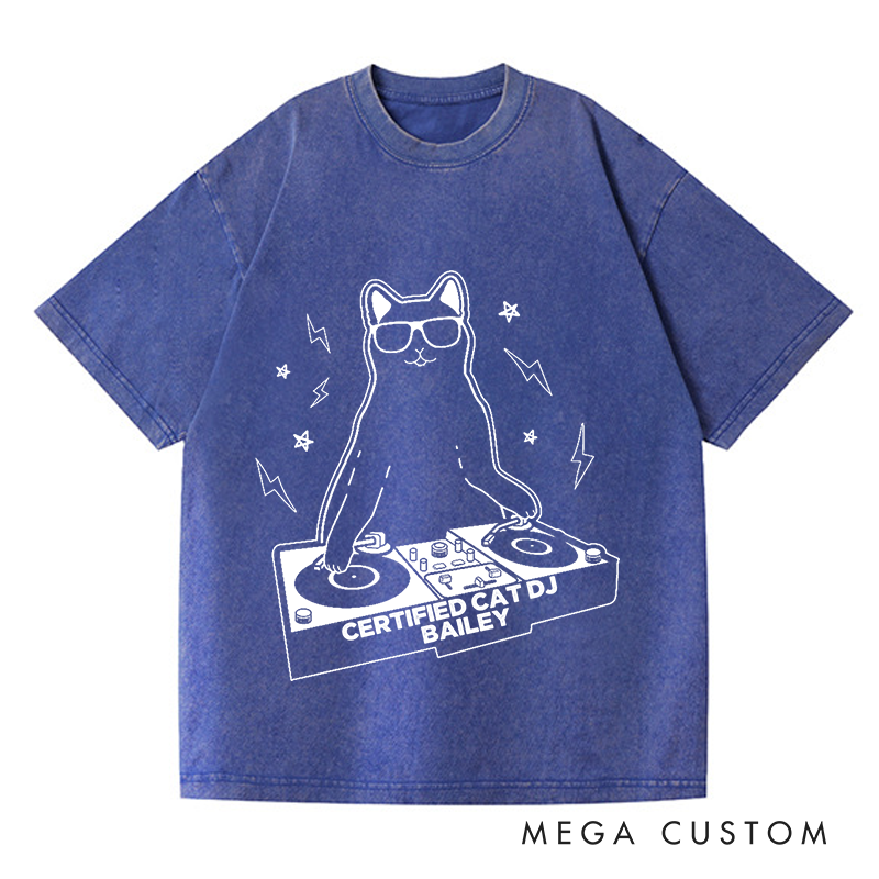 Personalized  Washed T-Shirts Funny Cat DJ Turntable T-Shirt