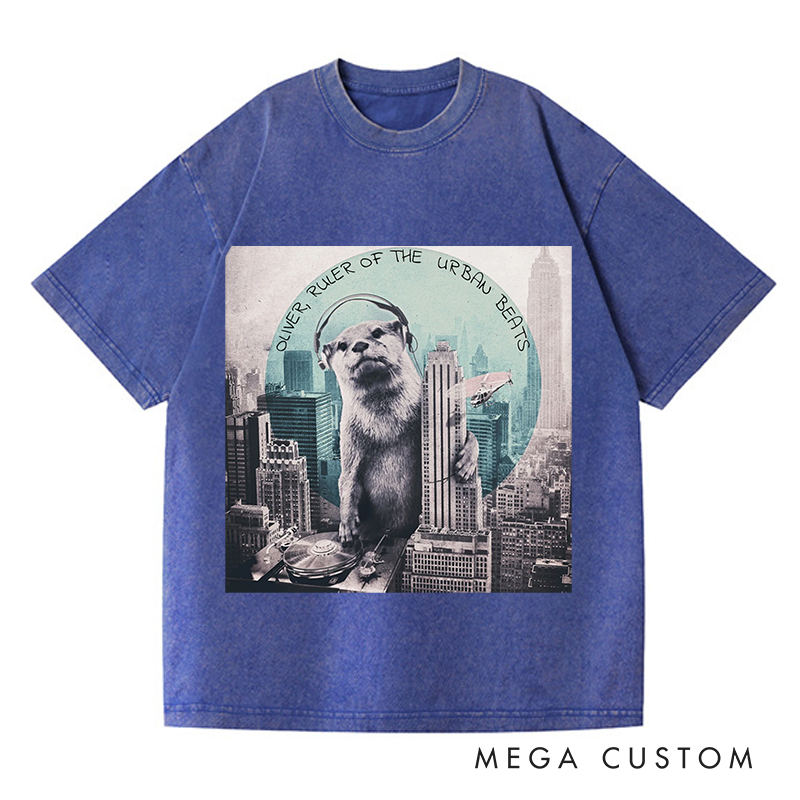 Personalized  Washed T-Shirts Funny Otter DJ Skyline Design and Unique Otter DJ Music Lover T-Shirt