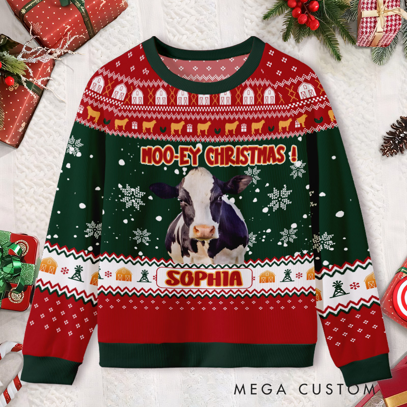 Personalized Cow with Christmas Lights Photo Kids Ugly Christmas Sweater  
