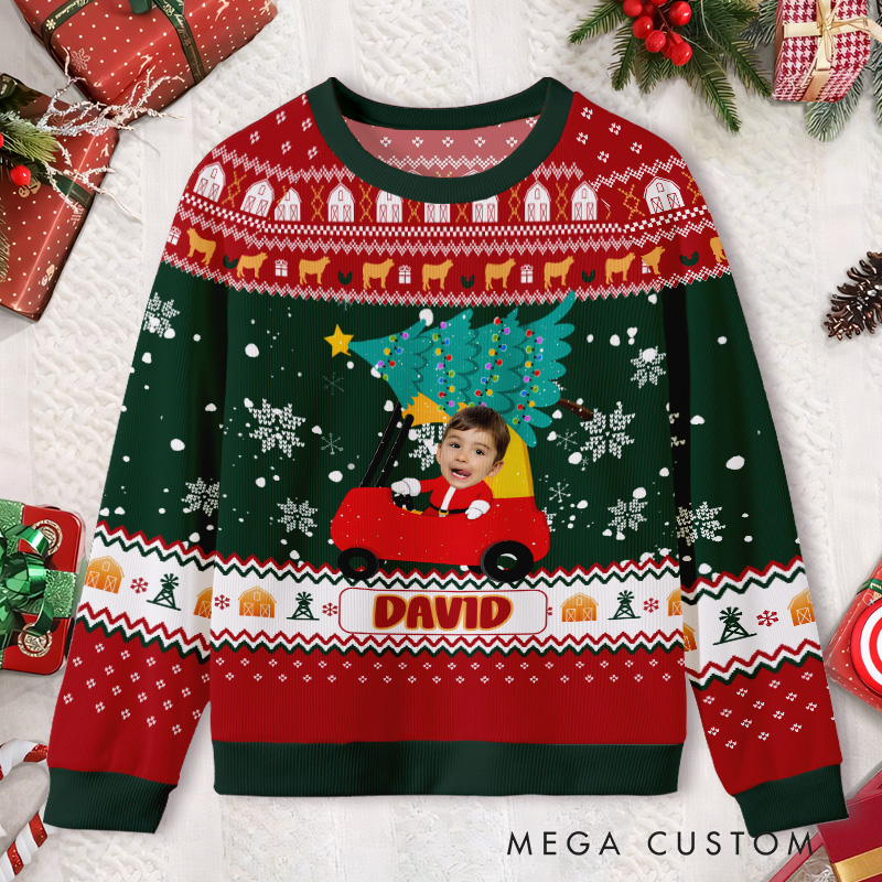 Personalized Red Car with Christmas Tree Photo Kids Ugly Christmas Sweater  