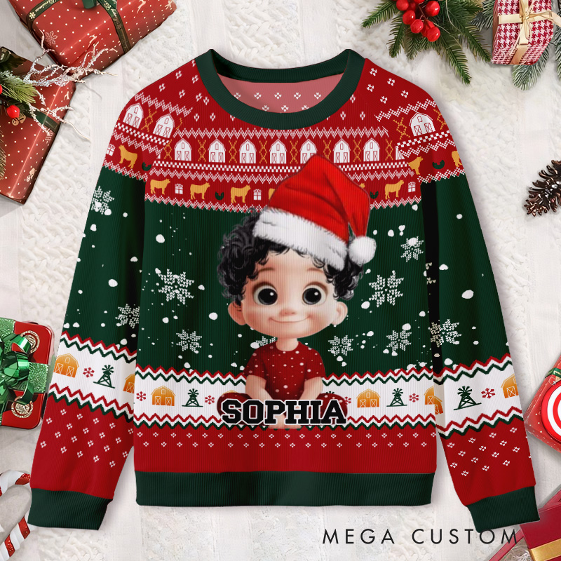 Personalized Festive Snowflake Photo Frame Kids Ugly Christmas Sweater 