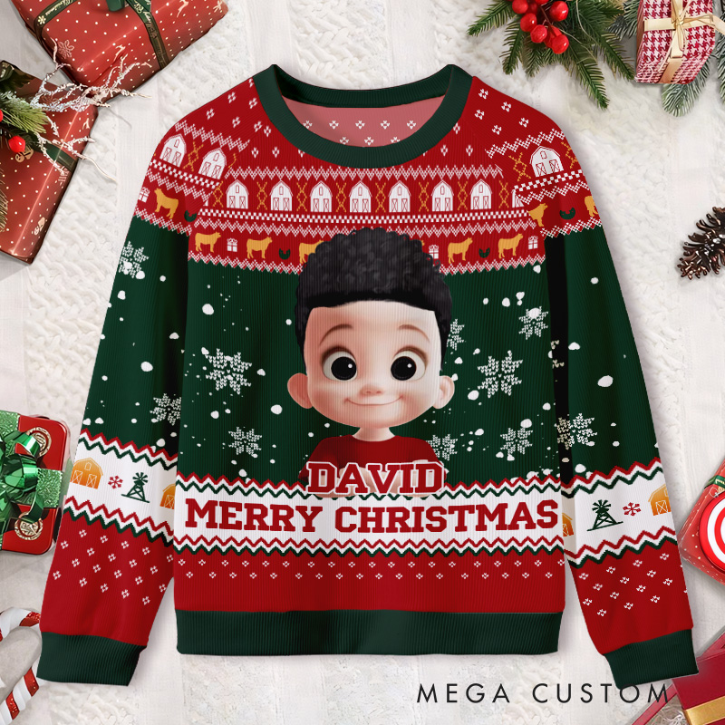Personalized Merry Christmas Photo Frame Kids Ugly Christmas Sweater 