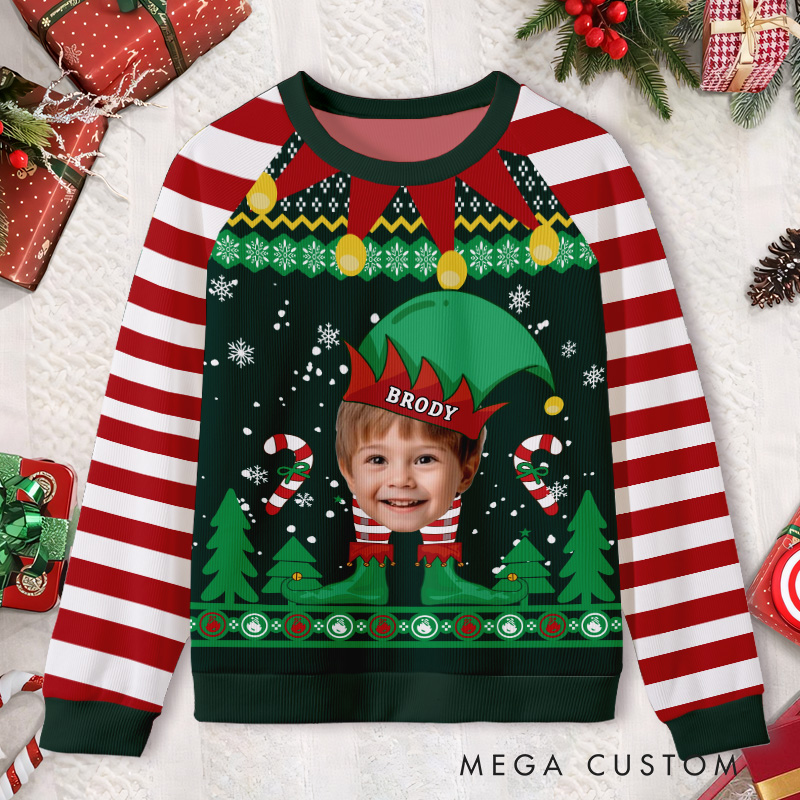Personalized Elf Costume with Striped Sleeves Photo Kids Ugly Christmas Sweater 