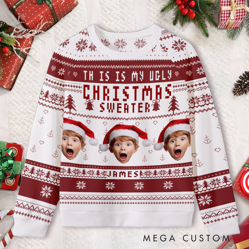 ersonalized Festive Red and White Photo Frame Kids Ugly Christmas Sweater