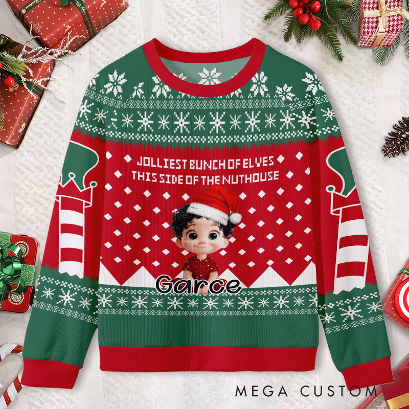 Personalized Christmas Elf Pattern Kids Ugly Christmas Sweater