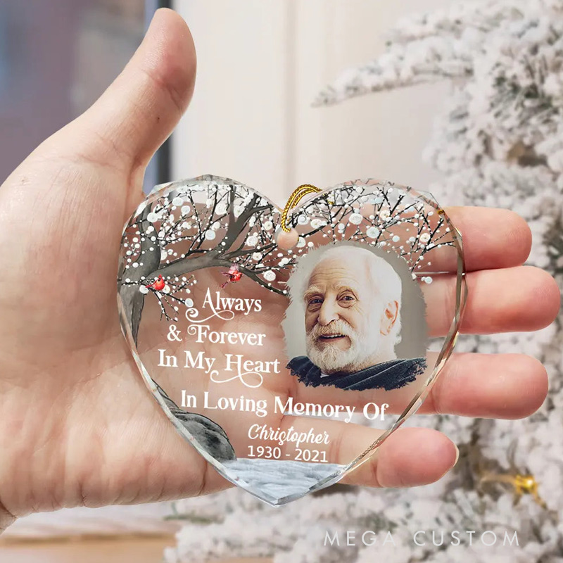 Personalized Memorial Photo Ornament Always And Forever In Our Hearts Memorial Ornament Heart Shaped Glass Christmas Ornament Sympathy Gift