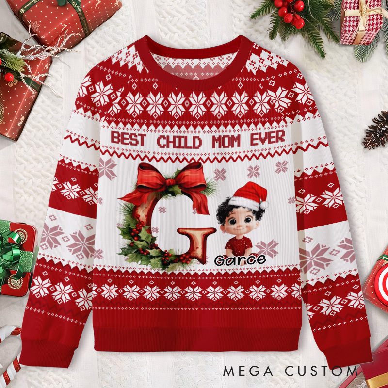 Personalized Elf and Snowman Scene Kids Ugly Christmas Sweater