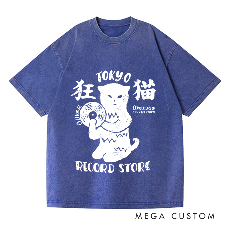 Personalized Washed T-Shirts Tokyo Record Store T-Shirt Vinyl Record Player Cool Vintage Rock Tee DJ Graphic Melting Band Music Tee