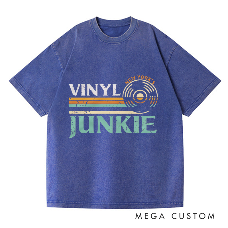 Personalized Washed T-Shirts Vinyl Junkie T-shirt Music Lovers LP Records DJ Turntable Vintage Design Tee Music Collector Gift