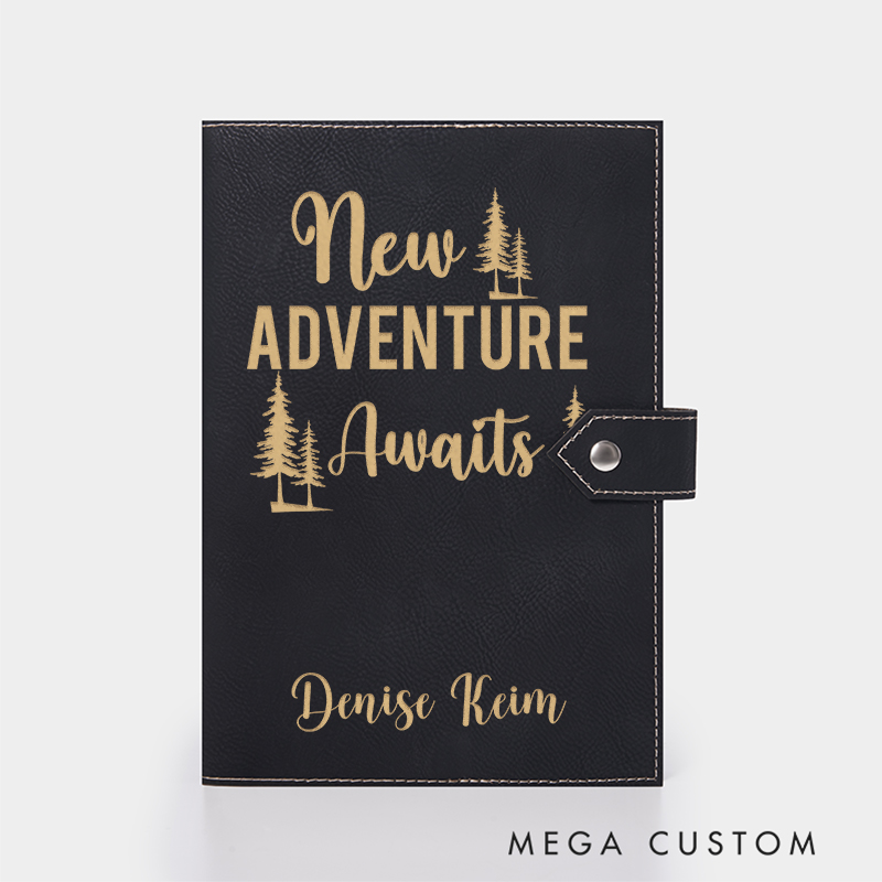 Personalized New Adventure Awaits Leather Notebook for Traveling Lovers Leather Journal Travel Gift